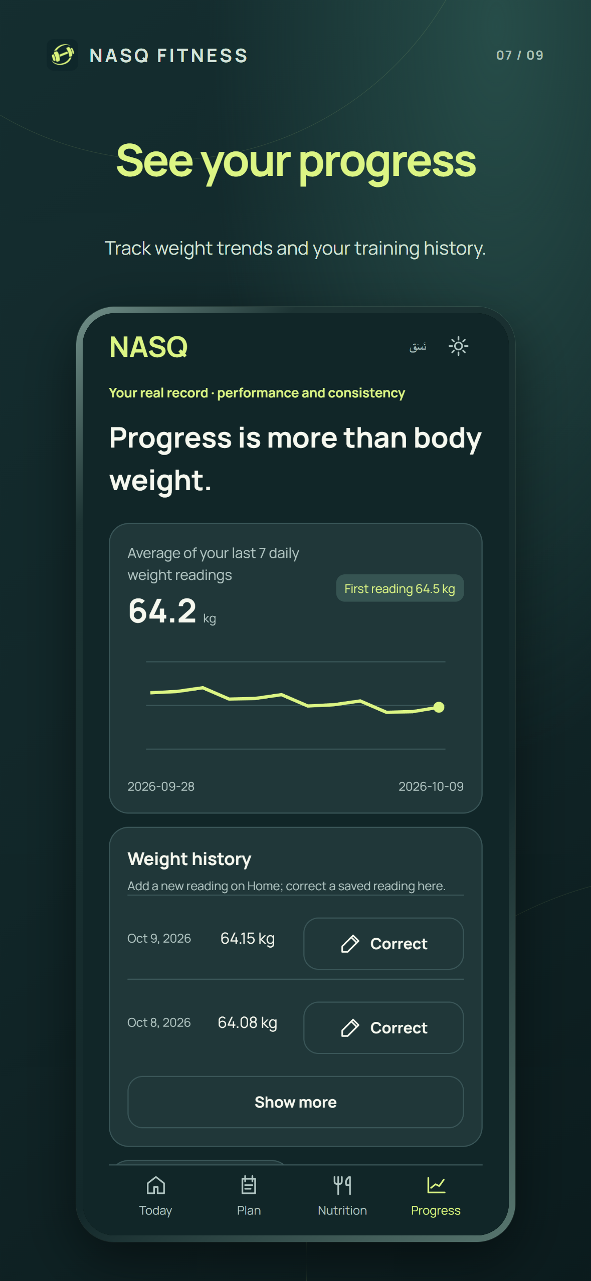 NASQ progress screen showing weight tracking and history