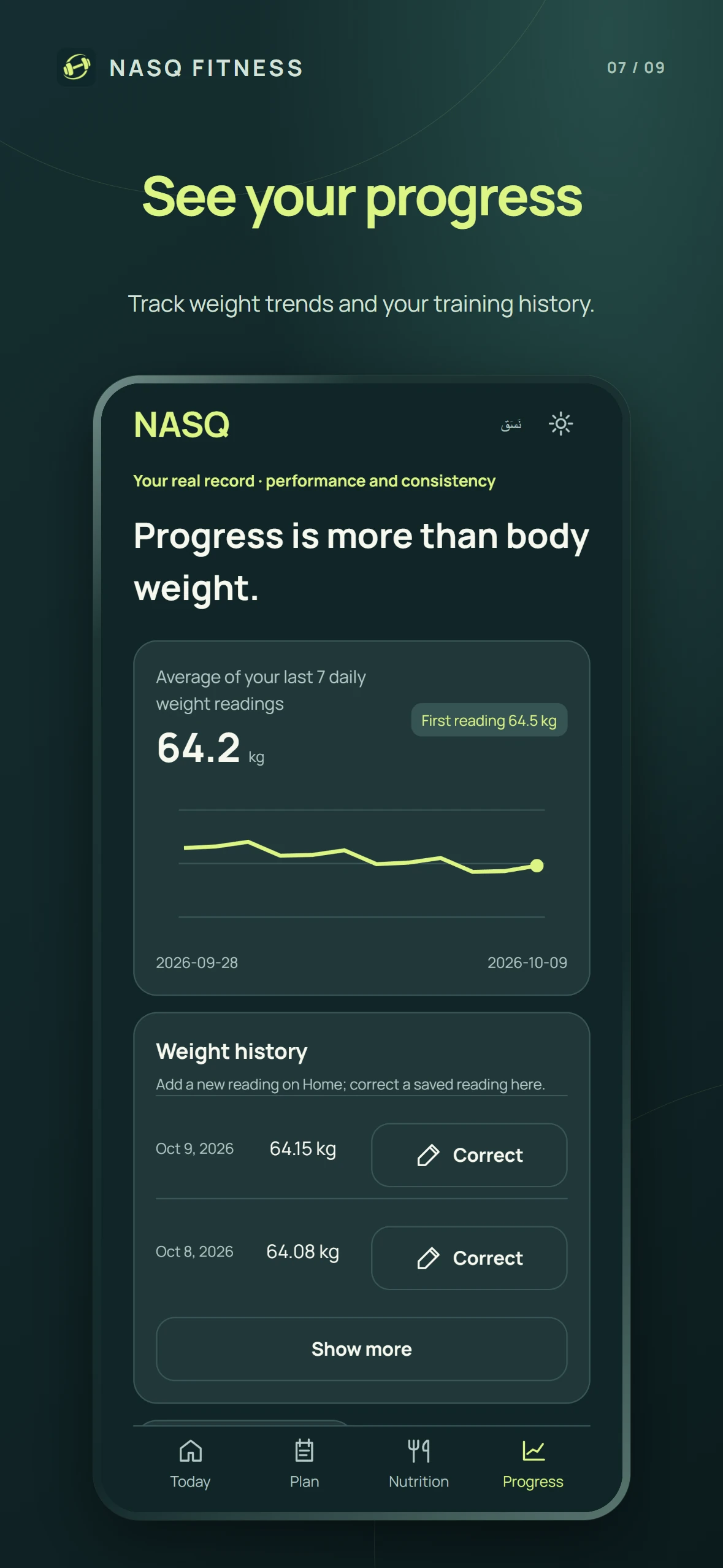 NASQ progress screen showing weight tracking and history